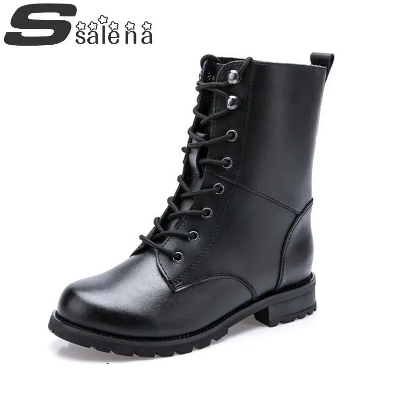 

New Women Motorcycle Boots Winter Leather Boots Vintage Flat Boots Lace Up Warm Shoes Size 35-40 #C337