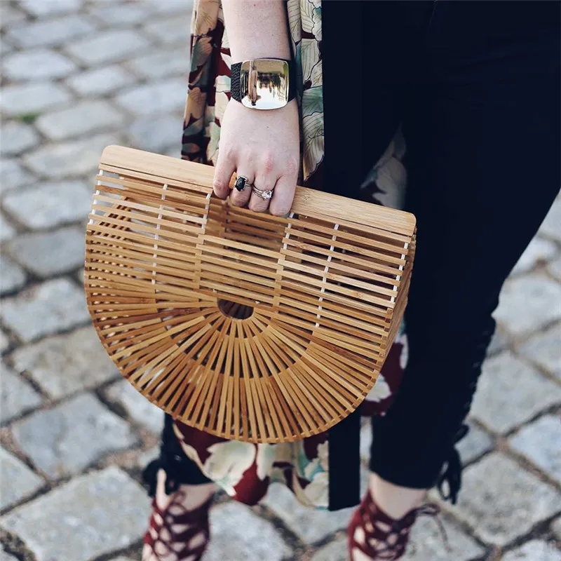 

Bamboo Storage Bag Women Clutch Wooden Purses And Handbags Luxury Designer Hollow Out Summer Beach Bags For Women Casual Handbag