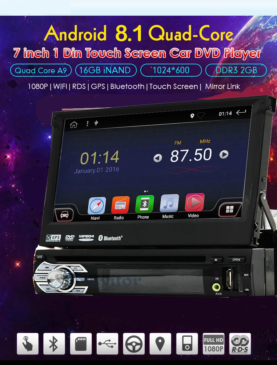 Perfect 7"Universal 1Din android8.1Car Audio DVD Player+Radio+GPS Navigation+Autoradio+Stereo+Bluetooth+PC+DVD Automotivo+SD USB RDS Aux 3