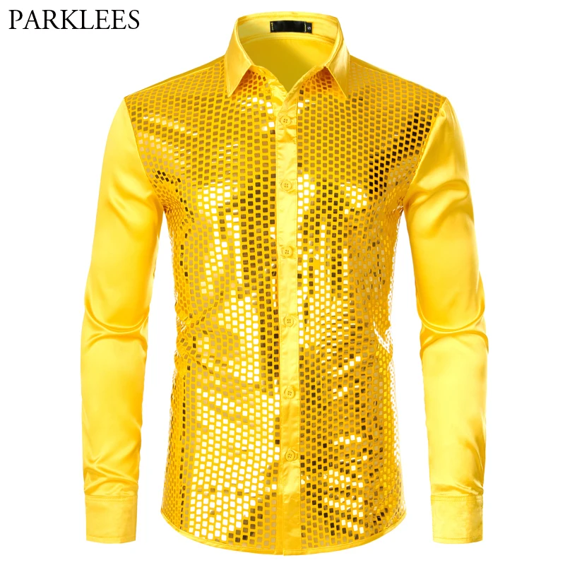 Koop Mannen Luxe Pailletten Jurk Shirts Lange Mouwen Zijde Satijn Glanzend Disco Party Shirt Mannen Chemise Stage Dance Nachtclub Prom kostuum