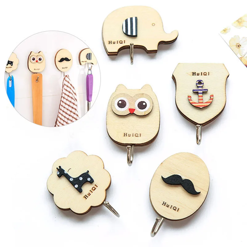 

Wall Mounted Coat Hook Wooden Cartoon Pattern Sticky Hooks Home Decor Holder Wall Hanger Kitchen Utensil Bathroom Accessories