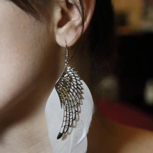 Женское ангельское крыло из перьев Серьги-модное ангельское крыло длинная белая капля металлические серьги с крыльями ювелирные изделия#12006
