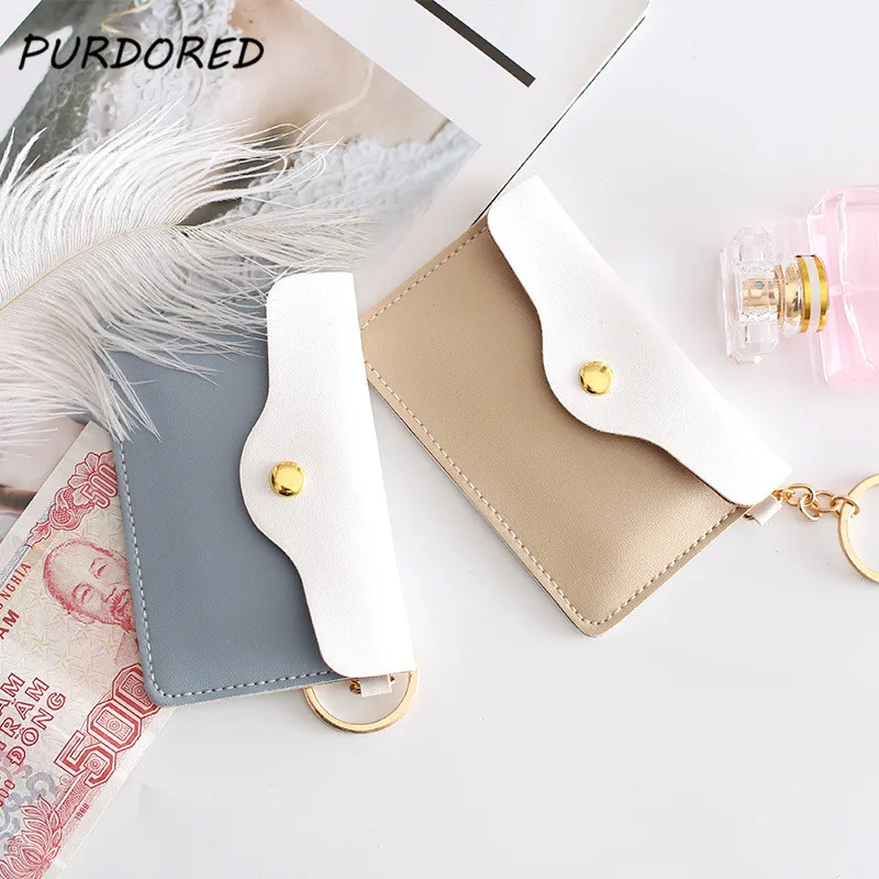 

PURDORED 1 Pc Solid Color Card Holder PU Leather Women Credit Card Case Cute Mini Business Card Wallet Case Coin Purse Keychain