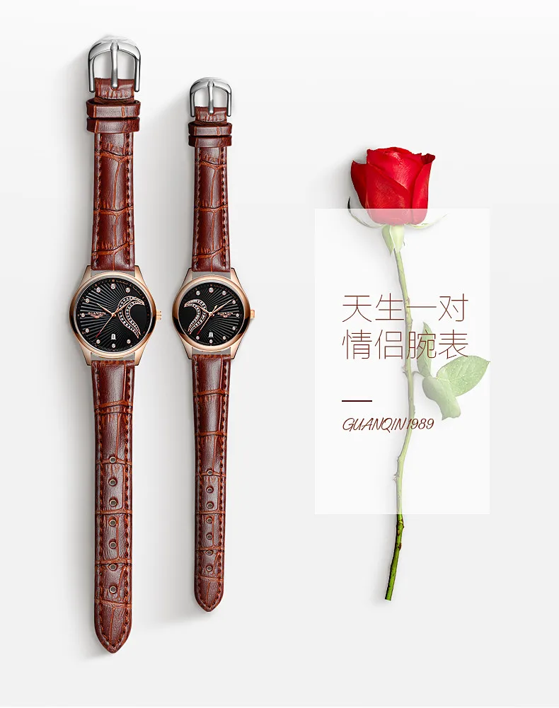 One Pair Newest Couple Watch GUANQIN Couple Wrist Watch Sapphire Quartz Casual Waterproof Lovers Watch Leather Strap Clock (5)