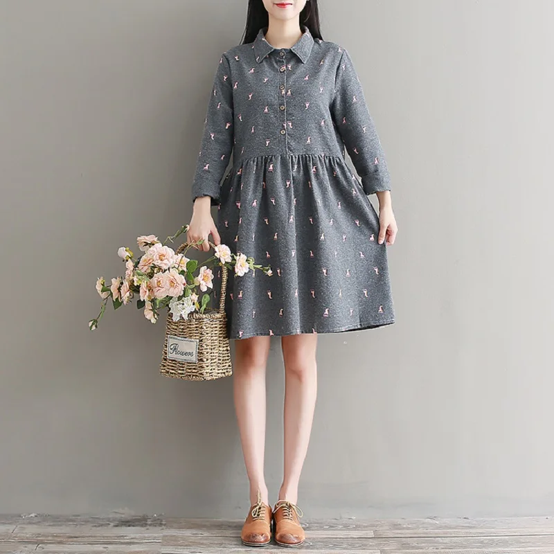

Japanese Preppy Style Autumn Winter Cute Dress Cartoon Printed Gray Navy Blue Vestidos De Festa Long Sleeve Cute Kawaii Dresses