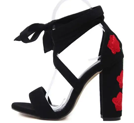 

Cheap Price Hot Selling American and European Red Embroider flower Square Heels Shoes Lace upCrossed-tied Women Sandals