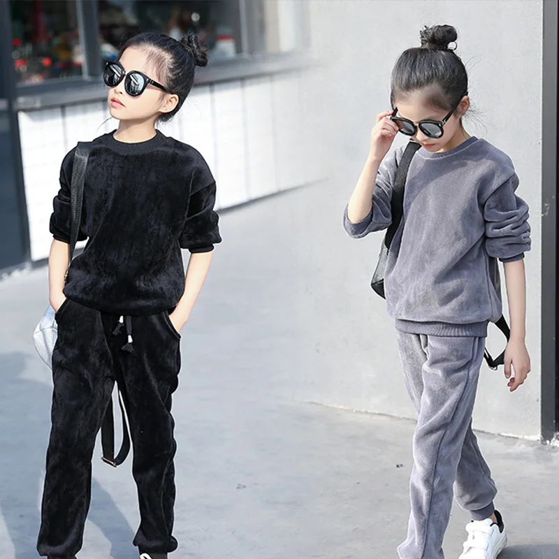 

teenage baby girls clothes suits double fleece black gray autumn winter children clothing sets for girl sweatshirts pants sets