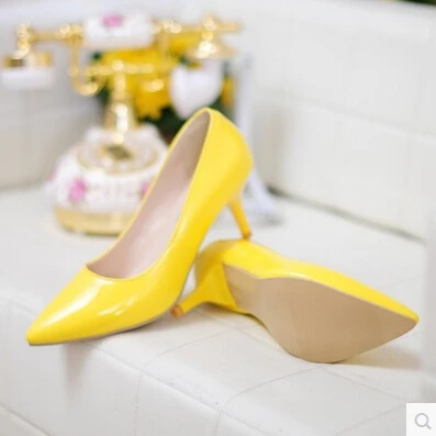 Бренд "Qin kuan" модные женские туфли с острым носком Лакированная кожа женские туфли на высоком каблуке женские туфли-лодочки размера плюс 31-43 и выше, женская тонкая обувь на шпильках - Цвет: Yellow