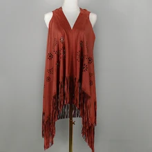 Faux Suede Vest Female Waistcoat Chalecos Mujer Sleeveless Outerwear Jacket Tassel Hollow Out Decorate Scarf Vest Cardigan 2015