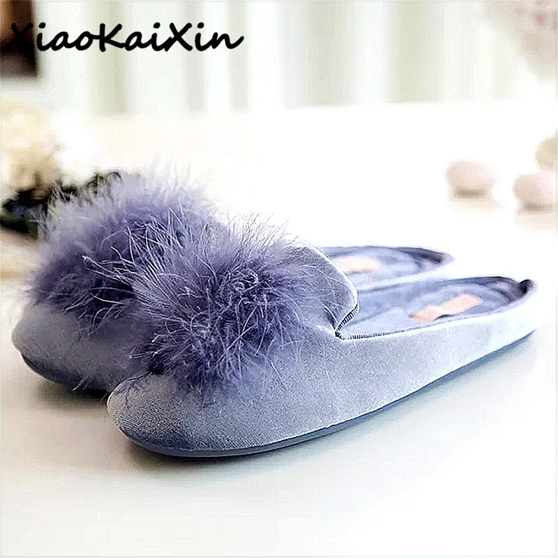 

Fluffy Fur Ice Velvet Cotton Slippers Spring/Autumn Women Non-slip Indoor Rubber Bottom Home Slipper Solid Color Pink Blue Black