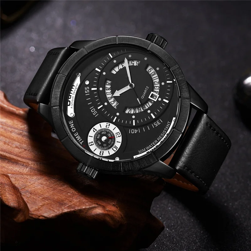 Oulm Unique Design Calendar Quartz Watch Male Two Time Zone Big Watches