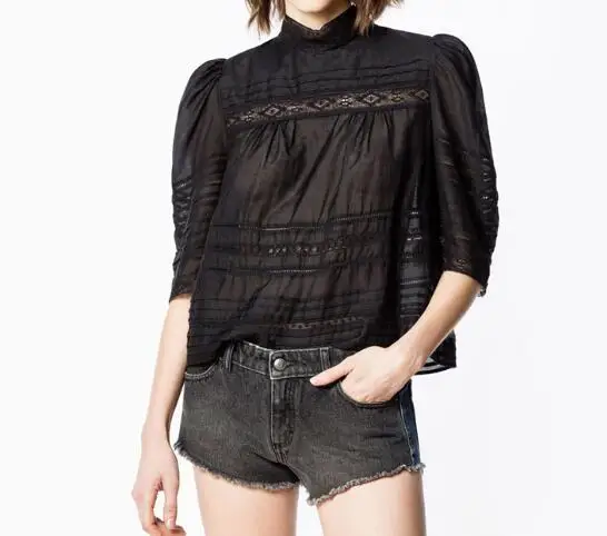 

Black White Cotton blouse insert Lace Embroidered stand collar with frills 3/4 Sleeves Fashion Tops 2019
