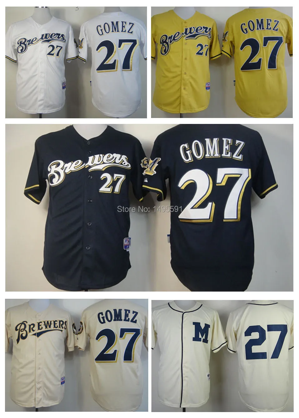 Top Quality Men's Baseball Jerseys Cheap Milwaukee Brewers #27 Carlos Gomez White Yellow Embroidery Logos Free Shipping | Спорт и