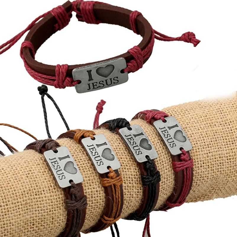 

Boho Gypsy Hippie Alloy I love Jesus Tag Christian Believer Brown Red Leather Wrap Knot Braid Macrame Adjustable Unisex Bracelet