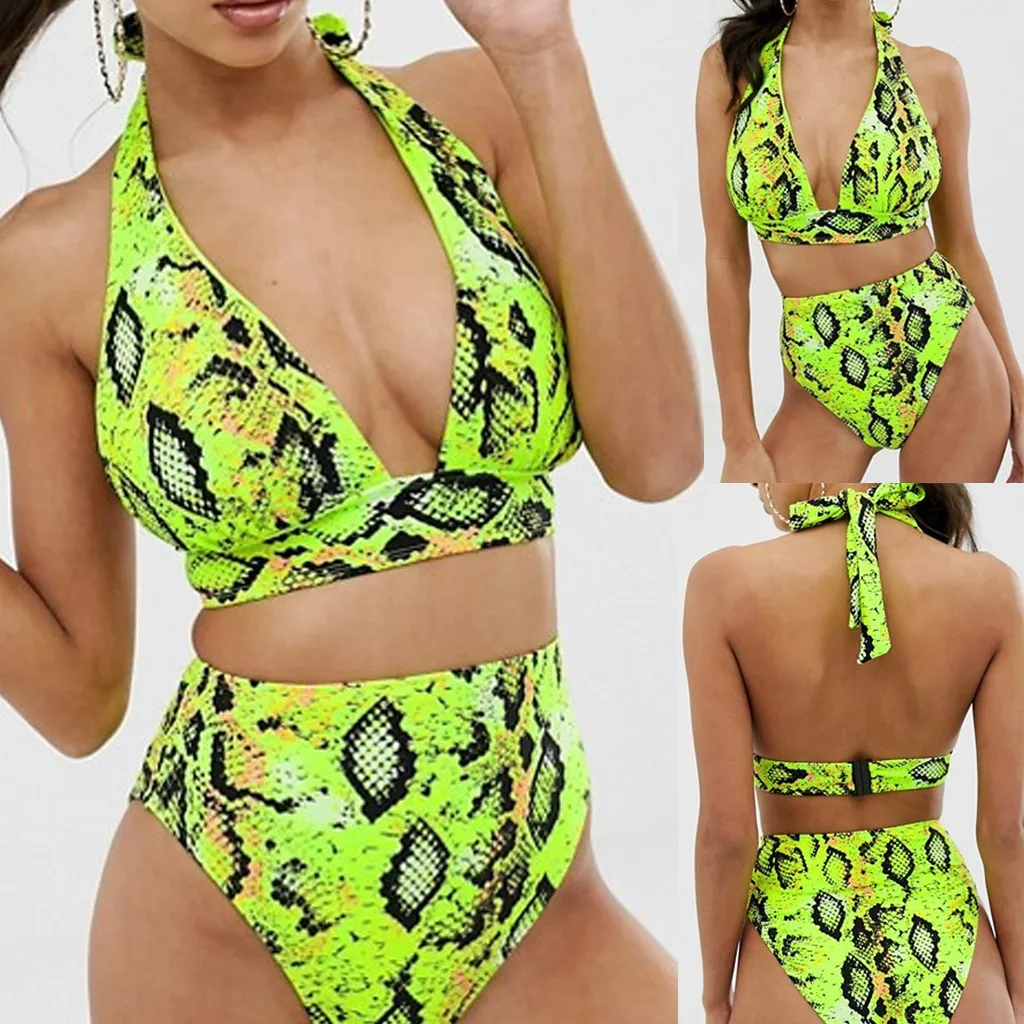 

Summer Women Serpentine Printing Green Bandage Bikini Split Body Swimsuit High Waist Beachwear Suit Two Pieces Deep V Neck Beach
