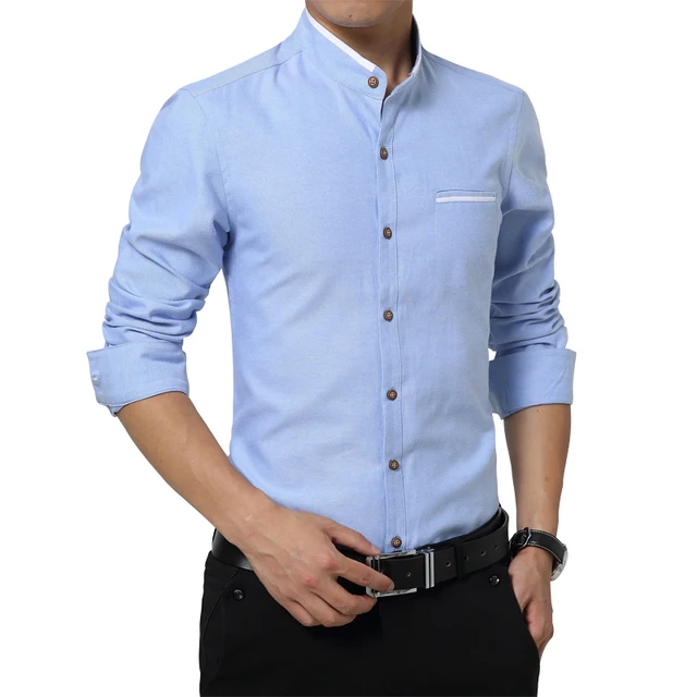 Long Sleeve Stand Collar Shirt  Men 2019 Solid 100 Cotton 