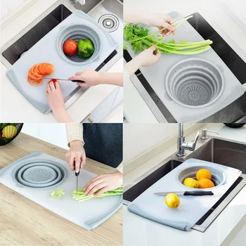 

Multi-function Chopping Block Drainer Basket Cutting Board Filter Vegetable Fruits Storage Folding Basin Kitchen Cut Board Tools