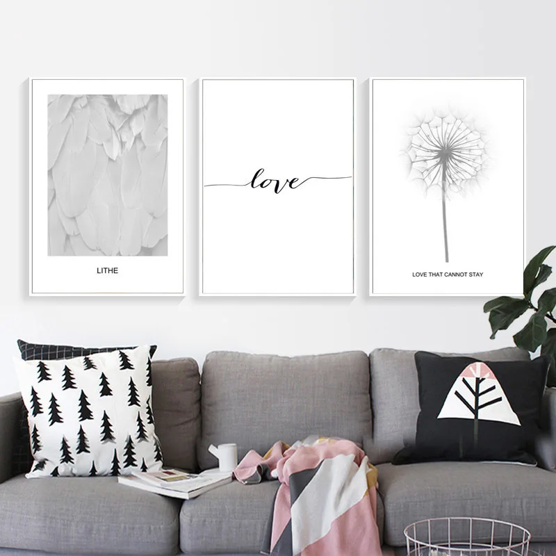 

Europe Black And White Feather Love Canvas Paintings Printing Wall Art Pictures Poster For Living Room Home Decoration