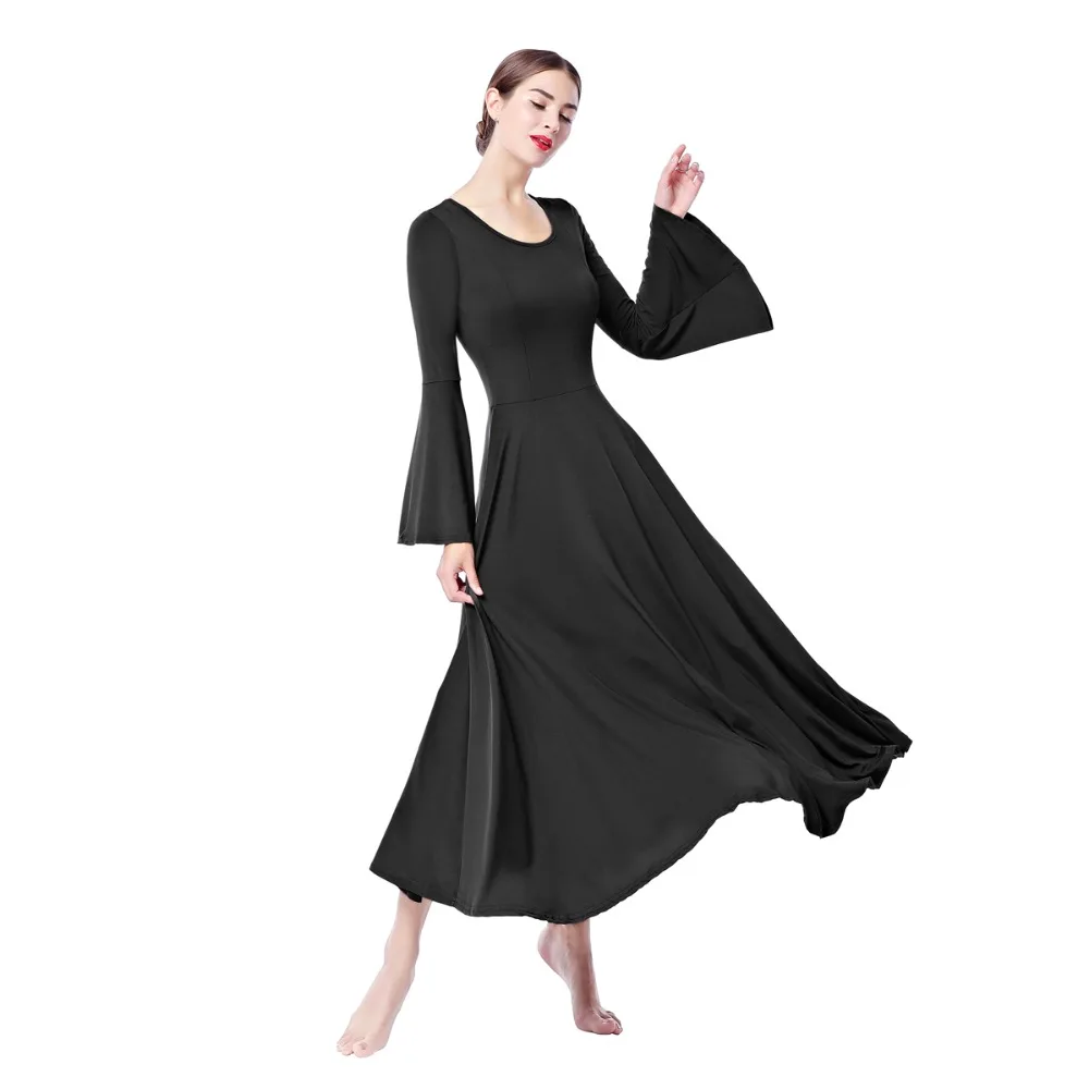 

2019 New Fashion Women Ladies Plain Liturgical Praise Dance Dress Bell Sleeve Pleated Swing Adults Dancing Dress Dancer Costume