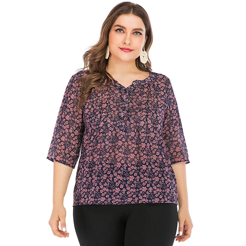 

Floral Print Chiffon Shirt 5XL 6XL Plus Size Blouse V-neck Three Quarter Sleeve Irregular Large Size Women's Clothes TMZ9116