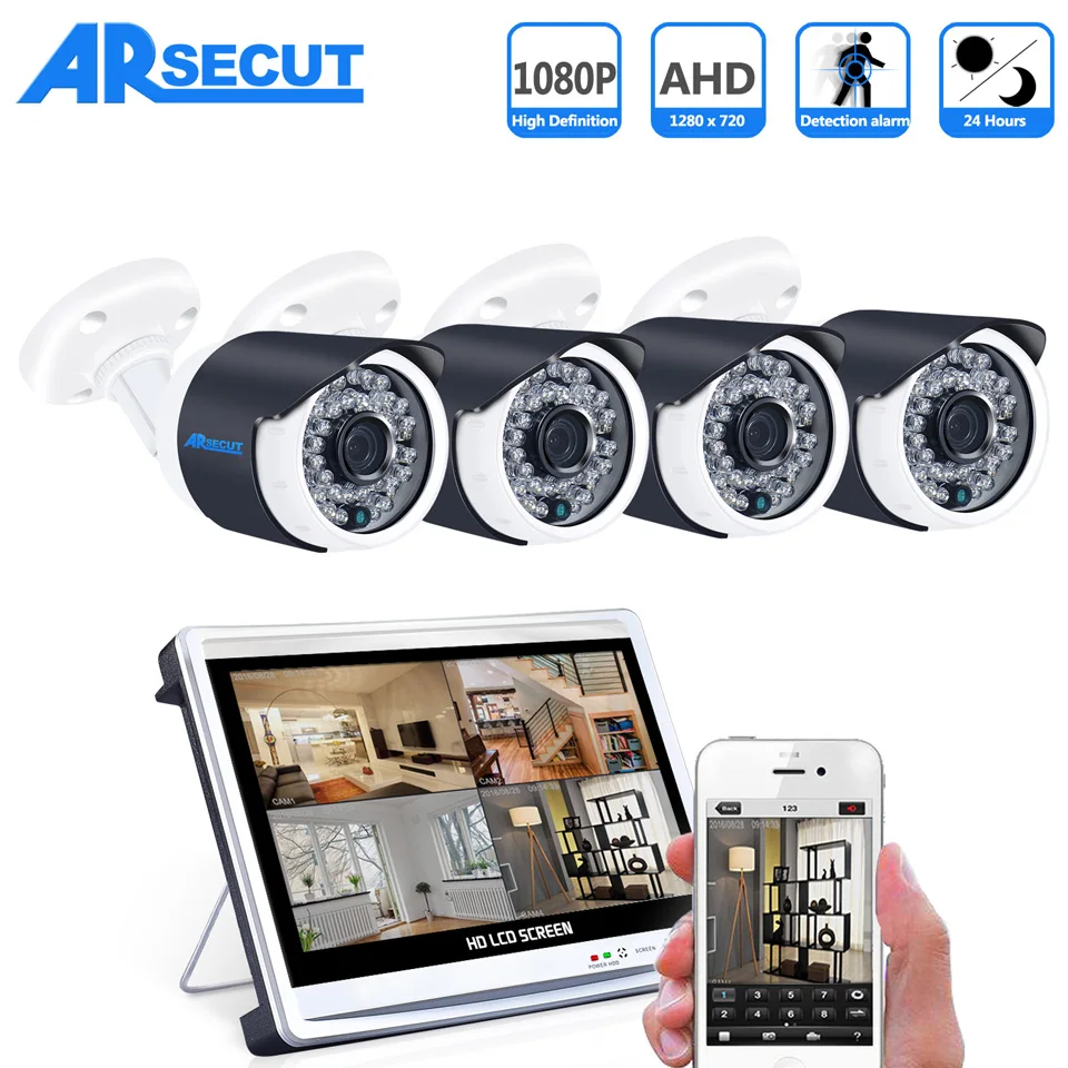 

New ANRAN Surveillance 4pcs 1080P 36 IR Day Night Outdoor Security Camera Kit 4CH HD 12 Inch LCD Screen AHD DVR CCTV System