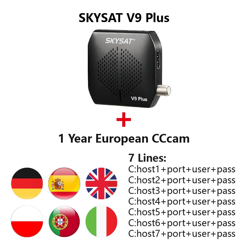 SKYSAT V9 Plus с 1 год CCCams Cline для Германии Испании Великобритании Португалия, Италия 7 линий CS Мини спутниковый ТВ приемник