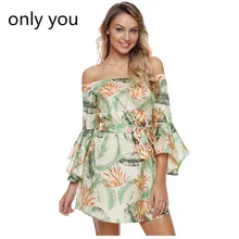 

Only You Boho Style Tropical Leaf Print Navy Long Sleeve Off Shoulder Dress Female Tunic Short Party Beach Vestidos Lc220316