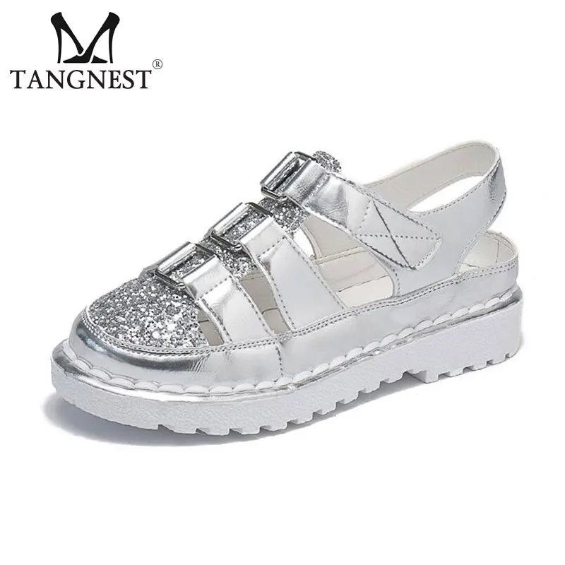 

Tangnest NEW Summer Glitter Women Sandals Fashion Bling Pu Leather Hook &Loop Sandals Women Casual Platform Shoes XWZ5296