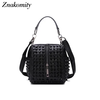

Znakomity Real leather tote bag ladies genuine leather handbag women's Rivet shoulder bag Black shoulder messenger cross bags