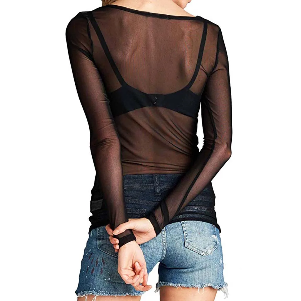 Black Transparent T Shirt Women Mesh O Neck  Long Sleeve Seamless Tee Shirt Mesh Tops Hollow Out T shirt Women Summer 