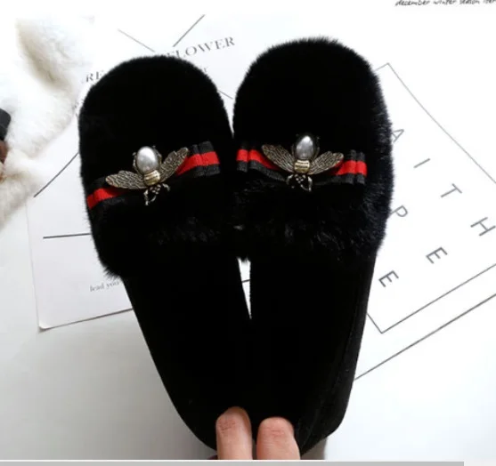 Женская зимняя обувь плюс Размеры E34-43 с круглым носком Туфли без каблуков с кроличьим мехом теплые тапочки кристалл слипоны противоскользящие Удобная Черный Серый