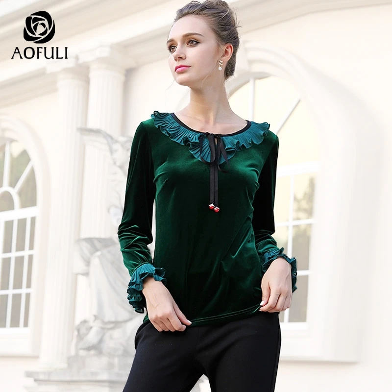AOFULI M/L/XL винтажные бархатные блузки с рюшами Топы Весна длинный рукав плюс размер