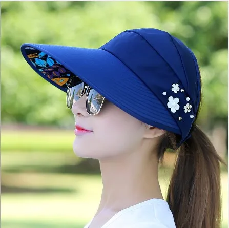 Женская летняя Солнцезащитная пустая верхняя шляпа, Женская дышащая шляпа для верховой езды, складная модная Цветочная Защитная Кепка B22 - Цвет: Navy
