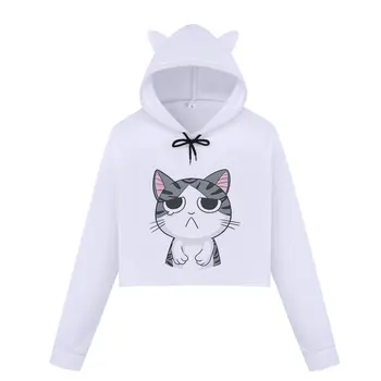 

2019 New Women Crop Top Hoodie Fashion Cute Cat Cartoon Print Kpop Hoodies Punk Long Sleeve Harajuku Kawaii Plus Size Sweatshirt