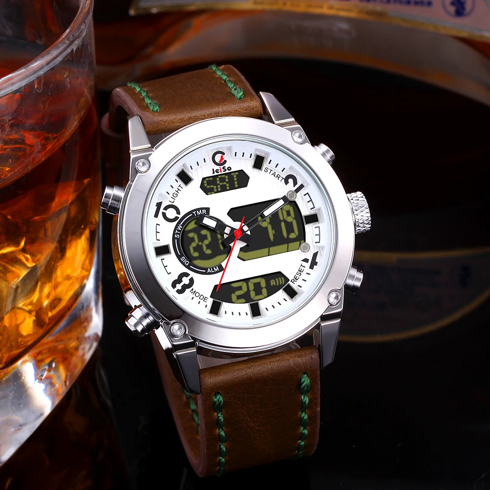 

luxury mens watch Quartz watch LCD three display double movement belt multi-function sports alloy watch minimalist outdoor