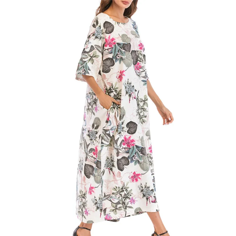  New Women Summer Bohemian Cotton Linen Printed  O-neck Half Sleeve Long Plus Size Long Dresses Elegant Lady Holiday Dress #4R08 (4)