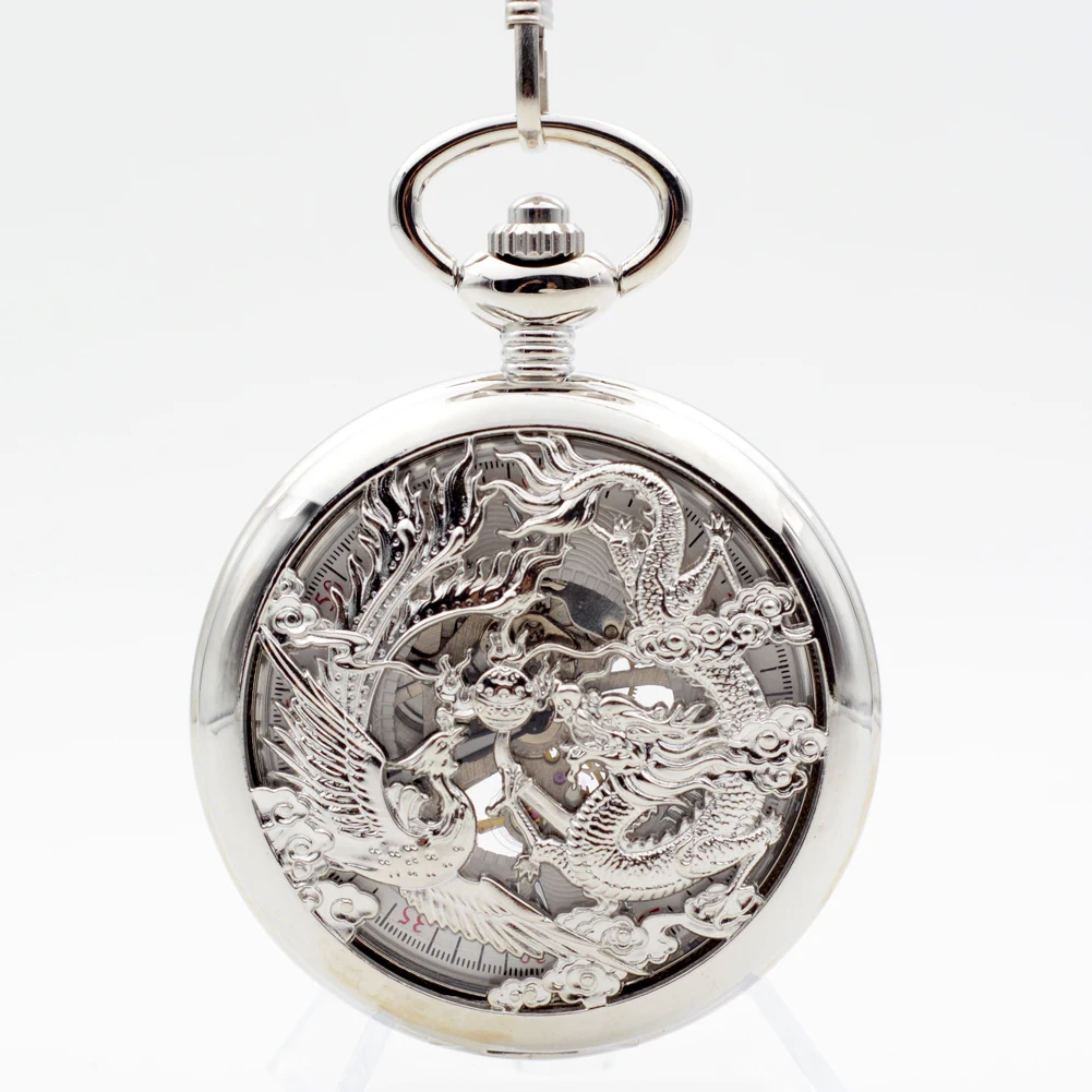M076 Silver Dragon and Phoenix Clamshell Hand Wind Mechanical Pocket
