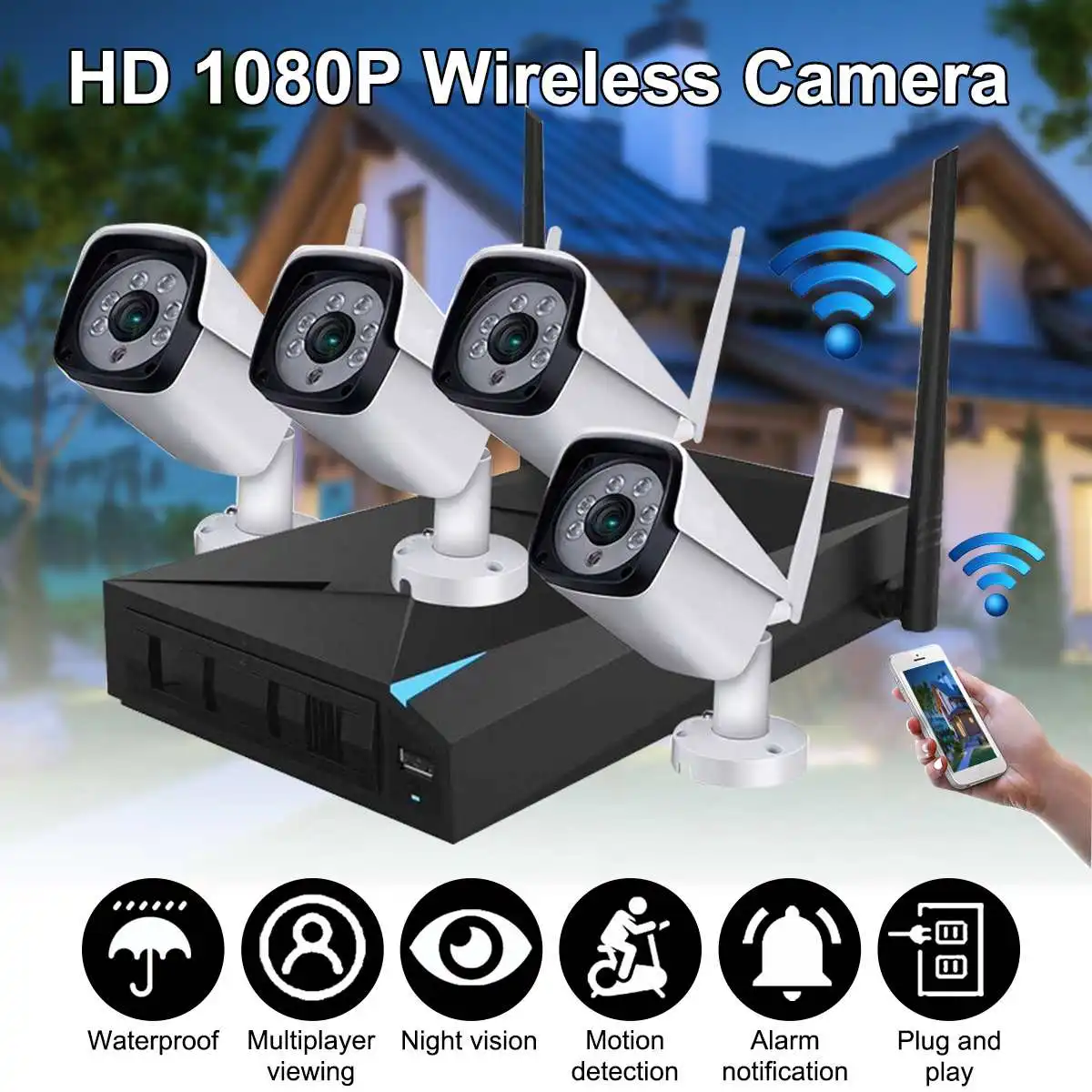 1080P 4CH WiFi Беспроводная CCTV система видеонаблюдения NVR комплекты для помещений/улицы IP камеры водонепроницаемый датчик движения