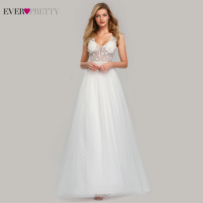 Ever Pretty White Wedding Dresses Deep V-Neck Appliques Sexy Illusion Lace Wedding Gowns For Bride EZ07834CR Porte Nom Mariage