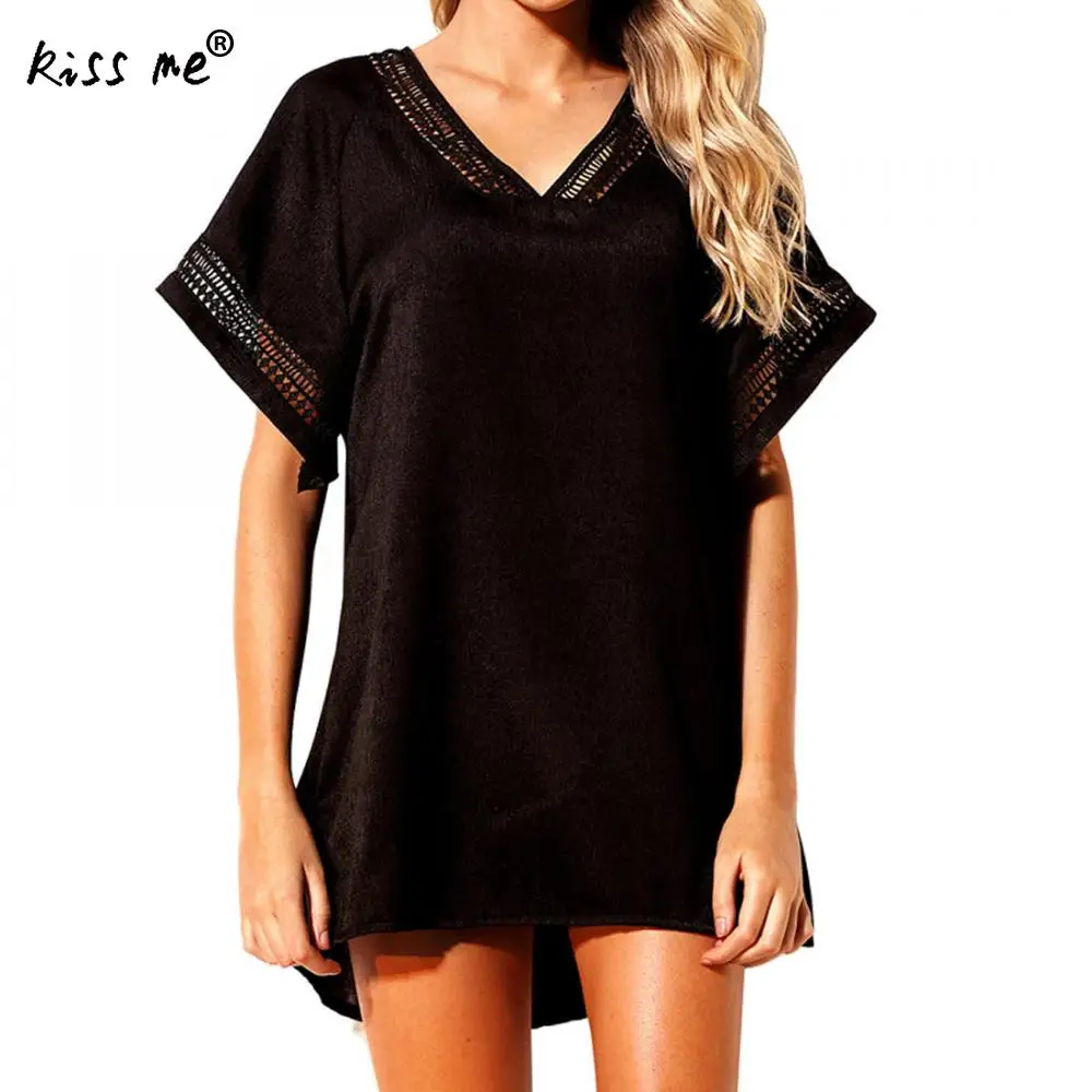 Irregular Female Top Deep V Black Beach Cover Up Women's Tunic Loose