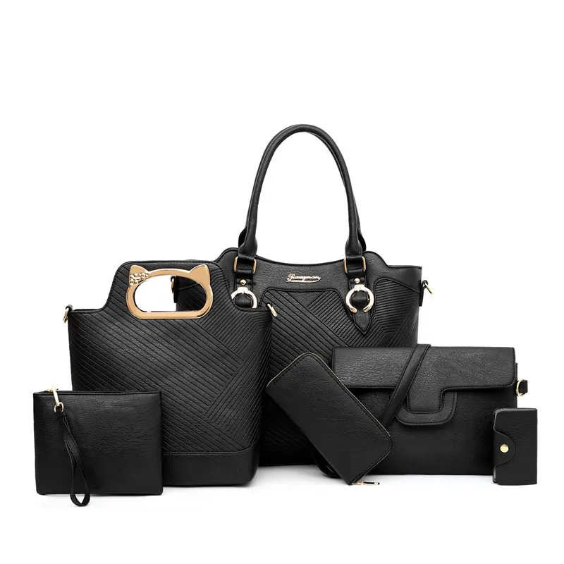 Модные дизайнерские женские Сумки из искусственной кожи, сумки-тоут, роскошные 6 штук в комплекте, сумка на плечо, большая вместительность, сумки через плечо для женщин - Цвет: Черный