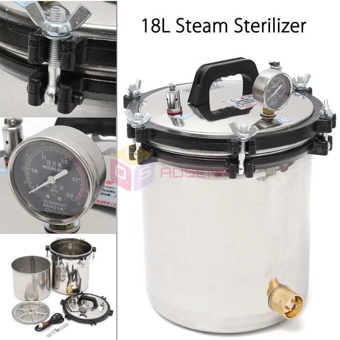 

220V 18L Portable 304 Stainless Steel Steam Heating Autoclave Sterilizer High Pressure Medical Sterilization