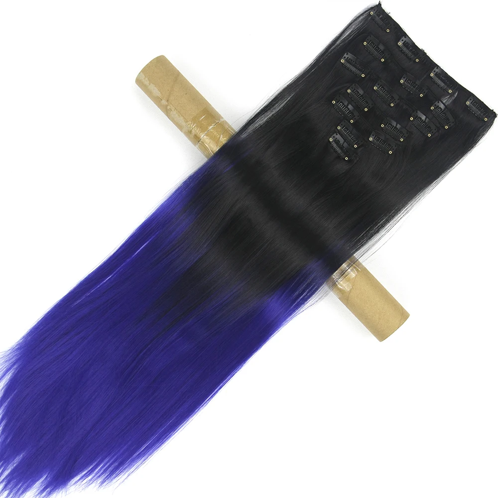 Soowee 7pcs/set Straight Black To Green Ombre Hair Pieces Synthetic Hair Pad Clip In Hair Extension Cheveux