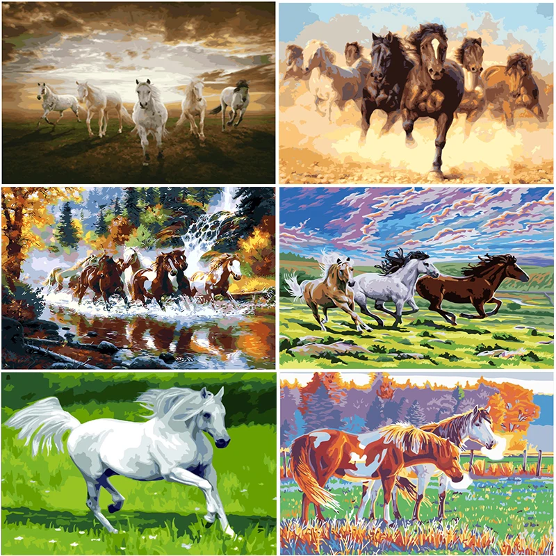 Diy painting by numbers animal horses picture hand painted canvas oil