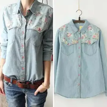 

2017 New Arrival Long Regular Fashion Broadcloth Full Turn-down Collar Print Natural Color Blouses & Shirts