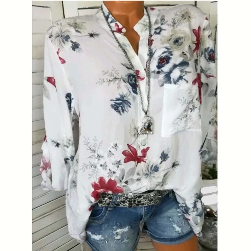 

Casual Sexy V Neck Women Blouse Floral Flower Print Long Sleeve Shirts Female Tops Blouse 2019 Women Summer Autumn 5XL Plus Size