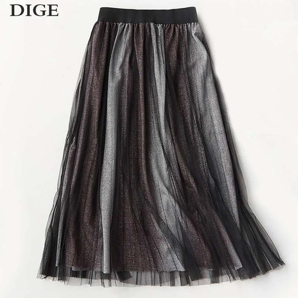 

2019 Summer Long Women's Skirt harajuku Korean Black Casual Mesh Skirts Color Gradient Fashion Female Girls Long Skirt B0338
