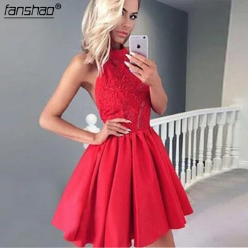 

Red Homecoming Dresses Halter A-line Lace Appliques Backless Above Knee,Mini Illusion Elegant Cocktail Dresses