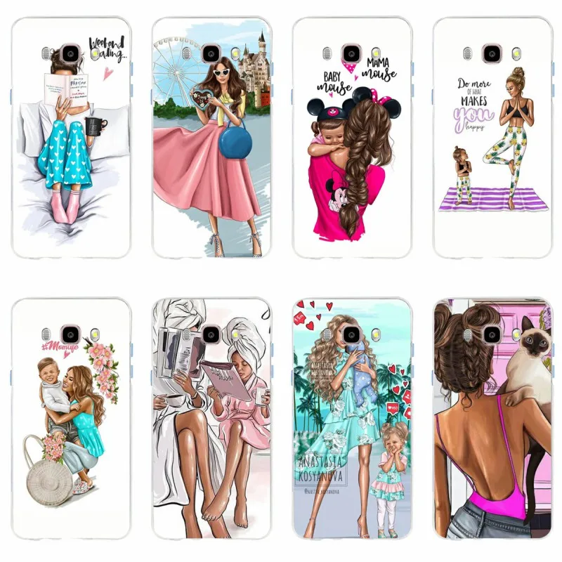 

For Samsung Galaxy S6 S6edge A7 S7edge A5 J5 J7 2016 S8 S9 Plus Cover TPU Phone Case Fashion Black Brown Hair Baby Mom Girl