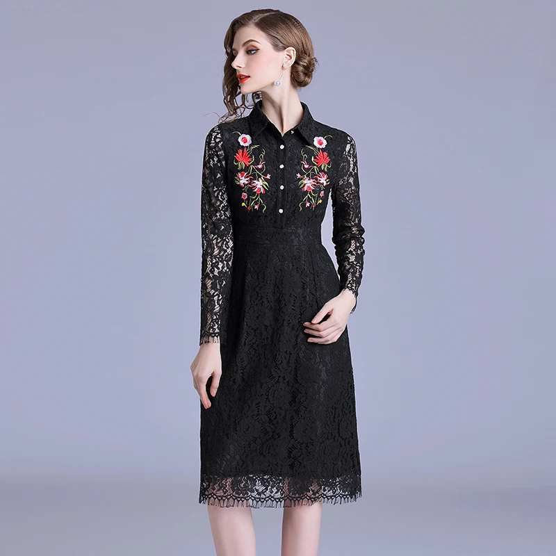 New Europe Vintage Women Lace Embroidered Floral Dresses Evening Party